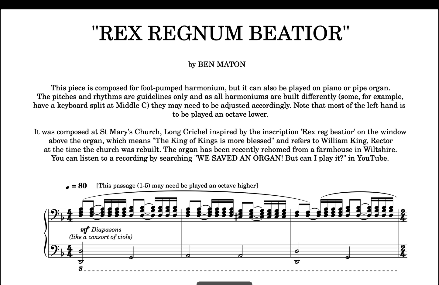 REX REGNUM BEATIOR: Sheet Music for Harmonium